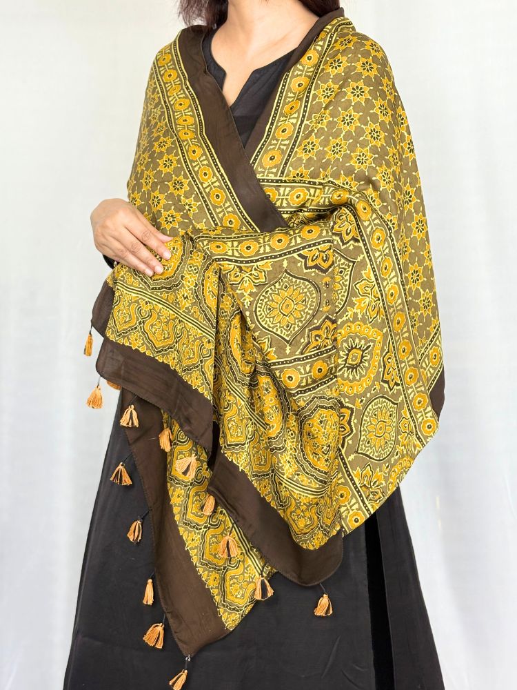 Sunshine Charm – Yellow Modal Silk Ajrakh Hand Block Stole
